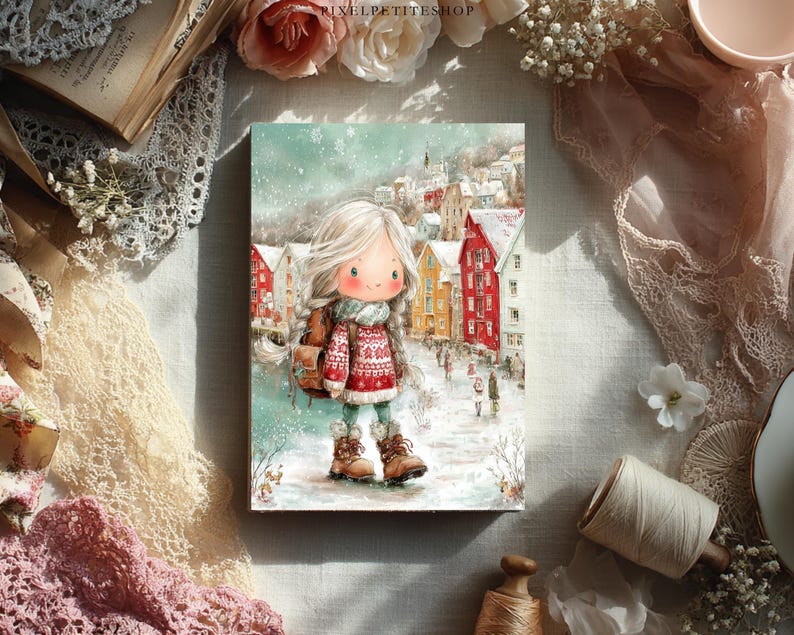 May include: A watercolor illustration of a young person in a winter scene. The figure, with long white hair, wears a red sweater, scarf, and boots, carrying a backpack. Colorful buildings line a snowy street in the background. The artwork has a whimsical, storybook style.