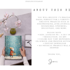 May include: A digital kit featuring 170 pages, 2550x3300 px, 8.5x11 in, 300 dpi. The image shows a book cover with a gnome in a red coat holding a lantern in a blue forest. Text includes: PIXELPETITESHOP, ABOUT THIS KIT, YOU WILL RECEIVE 170 DIGITAL PAGES.