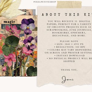 May include: A digital art kit featuring a collage with pink and purple pansies, green leaves, and vintage paper elements. The text "magic" is visible, along with details about the kit, including 35 digital papers for creative projects.