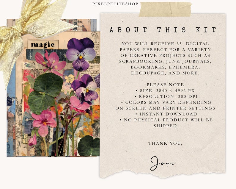 May include: A digital art kit featuring a collage with pink and purple pansies, green leaves, and vintage paper elements. The text "magic" is visible, along with details about the kit, including 35 digital papers for creative projects.