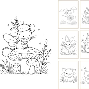 May include: A collection of black and white line art illustrations featuring woodland animals including a mouse with wings on a mushroom, a mouse on a dandelion, a mouse on a snail, a rabbit in a flower, a hedgehog, a pig, and a puppy.