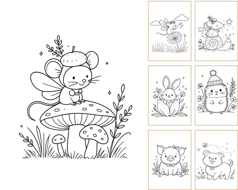 May include: A collection of black and white line art illustrations featuring woodland animals including a mouse with wings on a mushroom, a mouse on a dandelion, a mouse on a snail, a rabbit in a flower, a hedgehog, a pig, and a puppy.