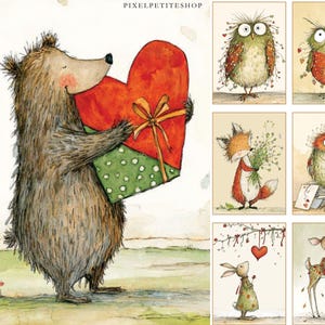 K&ouml;nnte beinhalten: Eine Sammlung skurriler Illustrationen mit Waldtieren. Ein brauner B&auml;r h&auml;lt eine gro&szlig;e, herzf&ouml;rmige Geschenkbox in Rot mit einer goldenen Schleife. Weitere Bilder zeigen eine Eule, einen Fuchs, ein Kaninchen und ein Reh, jedes mit Valentinstags-Thema.