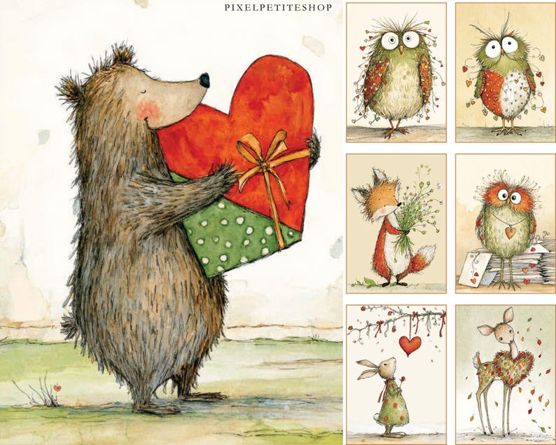 K&ouml;nnte beinhalten: Eine Sammlung skurriler Illustrationen mit Waldtieren. Ein brauner B&auml;r h&auml;lt eine gro&szlig;e, herzf&ouml;rmige Geschenkbox in Rot mit einer goldenen Schleife. Weitere Bilder zeigen eine Eule, einen Fuchs, ein Kaninchen und ein Reh, jedes mit Valentinstags-Thema.