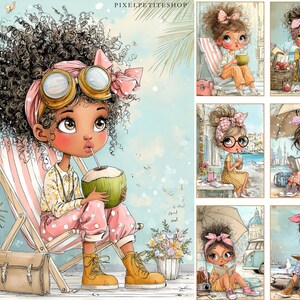 May include: Illustration of a young person with curly hair, wearing goggles and a pink bow, sitting in a beach chair and drinking from a coconut. The image has a watercolor style with butterflies and a light blue background.