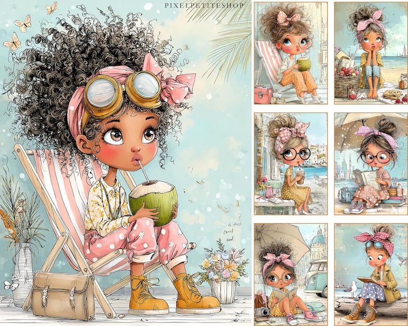 May include: Illustration of a young person with curly hair, wearing goggles and a pink bow, sitting in a beach chair and drinking from a coconut. The image has a watercolor style with butterflies and a light blue background.