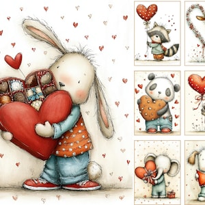 May include: A series of watercolour illustrations with Valentine's Day themes. A rabbit holds a heart-shaped box of chocolates. Other images include a raccoon with a heart balloon, a deer with a heart wreath, and a panda with a heart cookie.