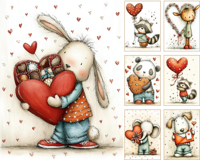 May include: A series of watercolour illustrations with Valentine's Day themes. A rabbit holds a heart-shaped box of chocolates. Other images include a raccoon with a heart balloon, a deer with a heart wreath, and a panda with a heart cookie.