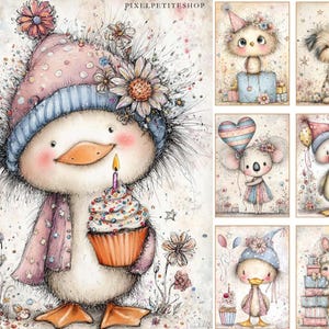 Puede incluir: Una colecci&oacute;n de ilustraciones acuareladas caprichosas que presentan adorables animales celebrando cumplea&ntilde;os. La imagen principal muestra un pato sosteniendo una magdalena con una vela encendida, usando un sombrero y una bufanda. Otras im&aacute;genes incluyen un p&aacute;jaro, un perro, un koala y un conejo, todos con sombreros de fiesta y regalos.