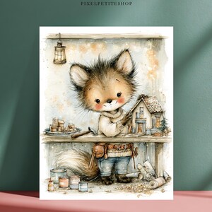 May include: A watercolor illustration of a fluffy fox wearing a cream sweater and blue jeans with a tool belt, standing at a workbench. The fox is building a small wooden house model. A lantern hangs above, and various tools and supplies are scattered.