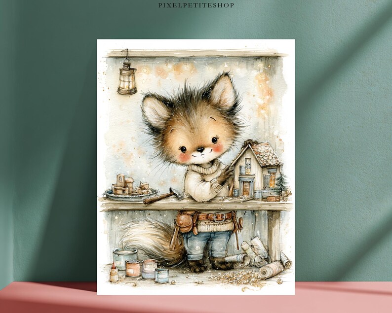 May include: A watercolor illustration of a fluffy fox wearing a cream sweater and blue jeans with a tool belt, standing at a workbench. The fox is building a small wooden house model. A lantern hangs above, and various tools and supplies are scattered.