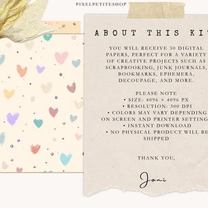 Op de afbeelding: Digitale papierkit met een beige achtergrond en kleurrijke hartontwerpen. De afbeelding bevat de tekst "ABOUT THIS KIT" en "YOU WILL RECEIVE 30 DIGITAL PAPERS..." Een gouden lint bevindt zich in de linkerbovenhoek. Ideaal voor scrapbooking en creatieve projecten.