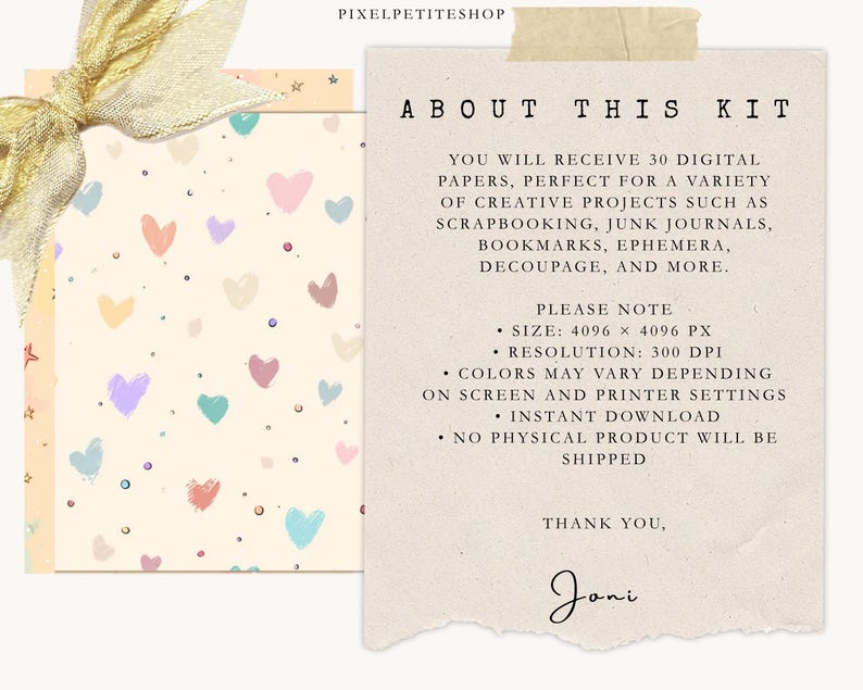 Op de afbeelding: Digitale papierkit met een beige achtergrond en kleurrijke hartontwerpen. De afbeelding bevat de tekst "ABOUT THIS KIT" en "YOU WILL RECEIVE 30 DIGITAL PAPERS..." Een gouden lint bevindt zich in de linkerbovenhoek. Ideaal voor scrapbooking en creatieve projecten.