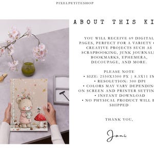 May include: A digital kit featuring 69 pages with a bear illustration, including text: ABOUT THIS KIT, YOU WILL RECEIVE 69 DIGITAL PAGES, SIZE: 2550X3300 PX | 8.5X11 IN, RESOLUTION: 300 DPI, COLORS MAY VARY, INSTANT DOWNLOAD, NO PHYSICAL PRODUCT WILL BE SHIPPED.
