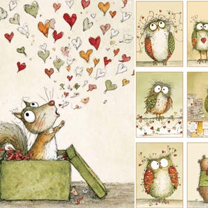 K&ouml;nnte beinhalten: Eine Sammlung skurriler Illustrationen mit einem Eichh&ouml;rnchen und Eulen. Das Eichh&ouml;rnchen, das aus einer gr&uuml;nen Schachtel kommt, scheint eine Flut bunter Herzen freizusetzen. Die Eulen sind mit Herzen geschm&uuml;ckt und von Briefstapeln umgeben.