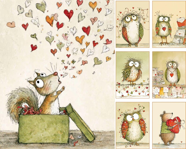 K&ouml;nnte beinhalten: Eine Sammlung skurriler Illustrationen mit einem Eichh&ouml;rnchen und Eulen. Das Eichh&ouml;rnchen, das aus einer gr&uuml;nen Schachtel kommt, scheint eine Flut bunter Herzen freizusetzen. Die Eulen sind mit Herzen geschm&uuml;ckt und von Briefstapeln umgeben.