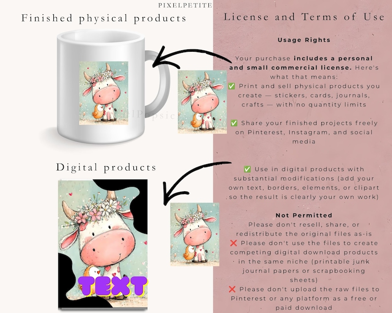 May include: A white ceramic mug and a digital file display a cartoon cow wearing a flower crown with a small yellow bird. The image includes text detailing license and terms of use for finished physical products and digital products.