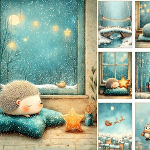 May include: A collection of seven digital art prints featuring winter scenes with hedgehogs, a gnome, and owls. The images display snowy landscapes, glowing stars, lanterns, and festive decorations in shades of blue, white, and warm golden yellow.