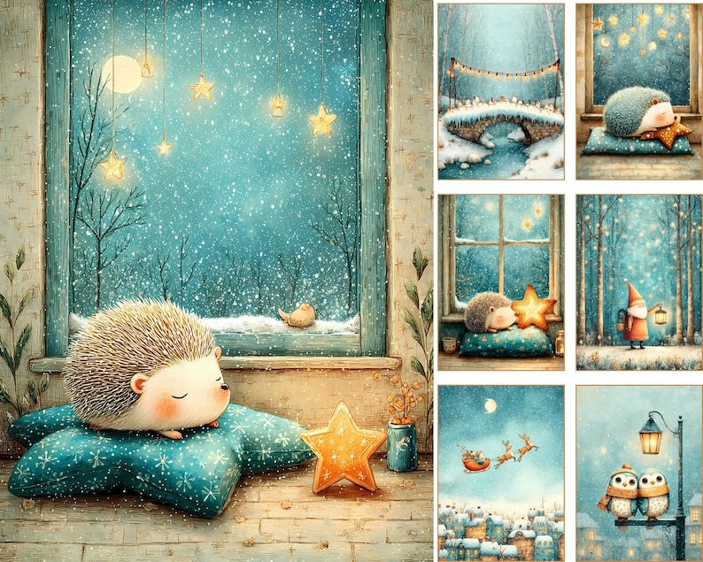 May include: A collection of seven digital art prints featuring winter scenes with hedgehogs, a gnome, and owls. The images display snowy landscapes, glowing stars, lanterns, and festive decorations in shades of blue, white, and warm golden yellow.