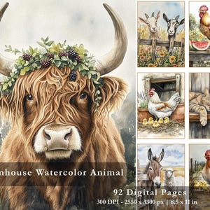 May include: Watercolor art prints featuring farm animals. The collection includes a Highland cow with a floral crown, goats, a rooster, a hen with chicks, a sleeping cat, a donkey, and a sheep. The text reads "Farmhouse Watercolor Animal" and "92 Digital Pages".