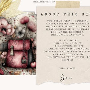 Pu&ograve; includere: Kit di arte digitale con un'illustrazione di zaino rosa, fiori e il testo &laquo; ABOUT THIS KIT &raquo;. Include 75 carte digitali per progetti creativi come scrapbooking e junk journal. Download immediato.