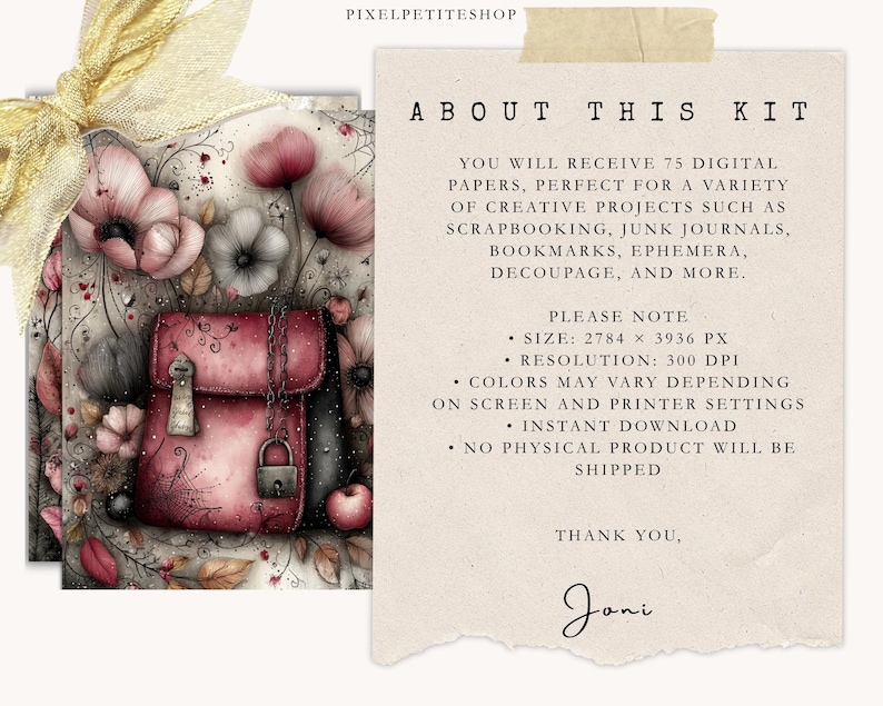 Pu&ograve; includere: Kit di arte digitale con un'illustrazione di zaino rosa, fiori e il testo &laquo; ABOUT THIS KIT &raquo;. Include 75 carte digitali per progetti creativi come scrapbooking e junk journal. Download immediato.