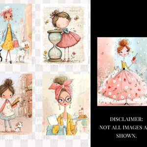 May include: A collection of five digital illustrations featuring stylized characters in various settings, including a person walking two poodles, a person with an hourglass, a person holding a baguette, a person with glasses, and a person holding a strawberry dessert.