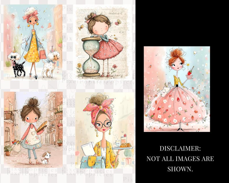 May include: A collection of five digital illustrations featuring stylized characters in various settings, including a person walking two poodles, a person with an hourglass, a person holding a baguette, a person with glasses, and a person holding a strawberry dessert.