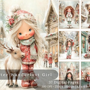 May include: Digital art print titled "Winter Wanderlust Girl" featuring a whimsical illustration of a girl in winter attire with a reindeer. The image includes the text "37 Digital Pages" and dimensions of 8.5 x 11 inches.
