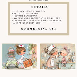 May include: Two watercolor illustrations of a nurse and a patient. The first shows a nurse with a suitcase and a small car. The second shows a nurse examining a child's eyes. The text at the top says "DETAILS" and "COMMERCIAL USE".