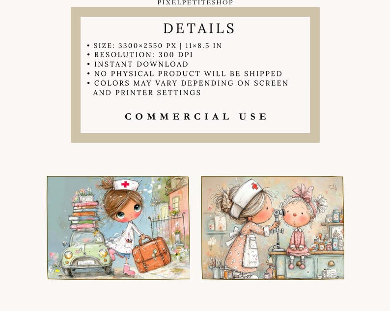 May include: Two watercolor illustrations of a nurse and a patient. The first shows a nurse with a suitcase and a small car. The second shows a nurse examining a child's eyes. The text at the top says "DETAILS" and "COMMERCIAL USE".
