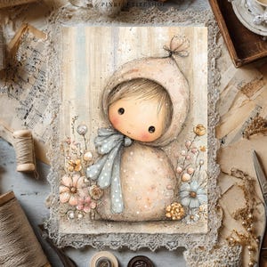 May include: A rectangular print featuring a stylized illustration of a round-faced character wearing a beige hooded garment with a light blue polka-dot bow. The character is surrounded by small, delicate floral clusters in shades of pink, blue, and yellow.