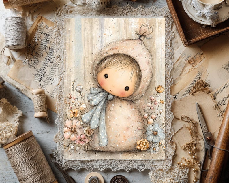 May include: A rectangular print featuring a stylized illustration of a round-faced character wearing a beige hooded garment with a light blue polka-dot bow. The character is surrounded by small, delicate floral clusters in shades of pink, blue, and yellow.