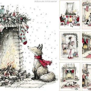 Op de afbeelding: Een verzameling kunstprints met kerstthema. De prints tonen gezellige sc&egrave;nes met open haarden, kousen en dieren zoals een vos en een hond. Het kunstwerk heeft een handgetekende stijl met een focus op winter- en vakantiethema's.