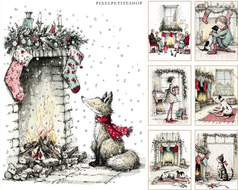 Op de afbeelding: Een verzameling kunstprints met kerstthema. De prints tonen gezellige sc&egrave;nes met open haarden, kousen en dieren zoals een vos en een hond. Het kunstwerk heeft een handgetekende stijl met een focus op winter- en vakantiethema's.