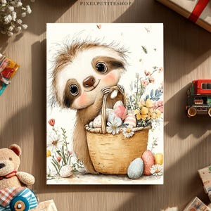 May include: A watercolor illustration of a smiling sloth holding a basket filled with Easter eggs and flowers. The sloth has brown fur and big eyes. The basket is woven, and the eggs are pastel-colored. The background features wildflowers.