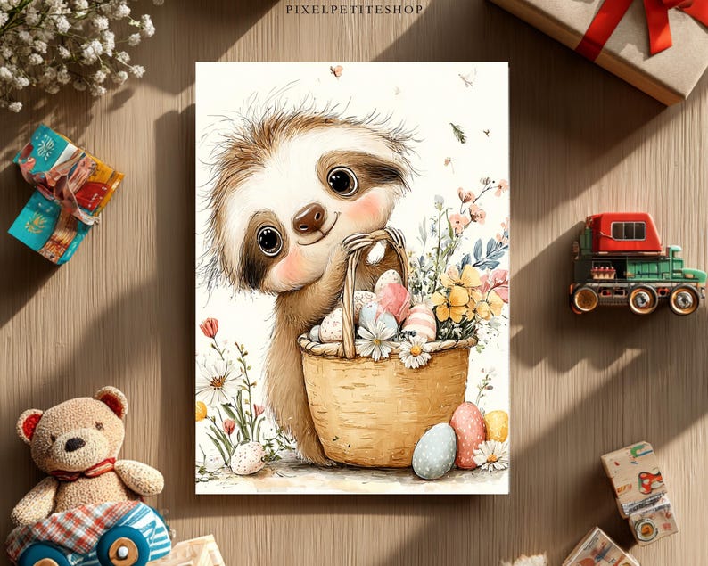 May include: A watercolor illustration of a smiling sloth holding a basket filled with Easter eggs and flowers. The sloth has brown fur and big eyes. The basket is woven, and the eggs are pastel-colored. The background features wildflowers.