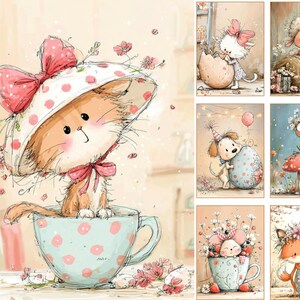 May include: Watercolor illustrations of adorable animals, including a cat in a teacup, a bunny emerging from an egg, and a lamb on a hay bale. The artwork features soft colors, floral accents, and a whimsical style, perfect for nursery decor.