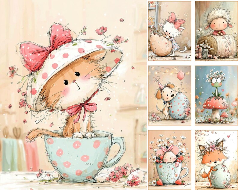 May include: Watercolor illustrations of adorable animals, including a cat in a teacup, a bunny emerging from an egg, and a lamb on a hay bale. The artwork features soft colors, floral accents, and a whimsical style, perfect for nursery decor.