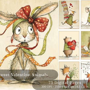May include: A collection of watercolour illustrations featuring charming animals, including a rabbit with a bow, a fox, a mouse, a bear, and an owl, all with Valentine's Day themes. The text reads "Sweet Valentine Animals" and "73 Digital Pages".