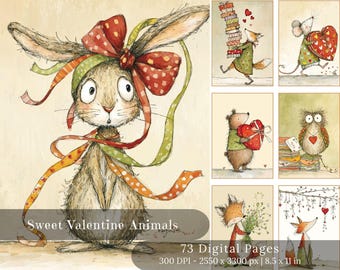 Valentine Quirky Animals Digital Pages | 73 Junk Journal & Scrapbook Illustrations for Printable Crafts