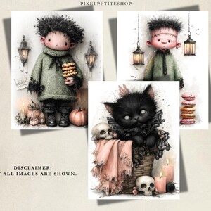 May include: Three digital illustrations featuring a character in a green sweater holding cookies, a character with a stitched forehead under lanterns, and a black kitten in a basket with skulls, pink fabric, and candles. Text reads PIXELPETITESHOP.