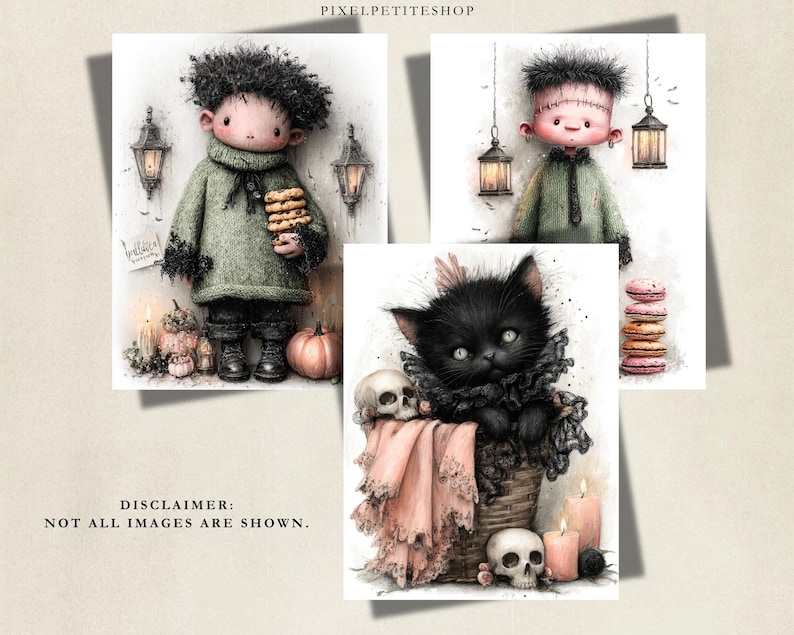 May include: Three digital illustrations featuring a character in a green sweater holding cookies, a character with a stitched forehead under lanterns, and a black kitten in a basket with skulls, pink fabric, and candles. Text reads PIXELPETITESHOP.