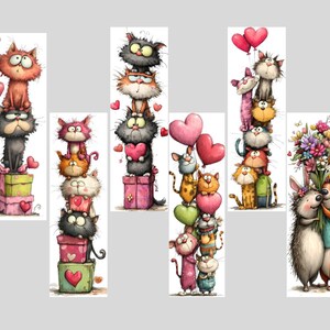 May include: Whimsical illustrations of stacked cats, each tower featuring a different arrangement of colorful felines. Some cats hold heart-shaped balloons or gifts, while others are adorned with flowers. The artwork has a cartoonish style with a focus on Valentine's Day.