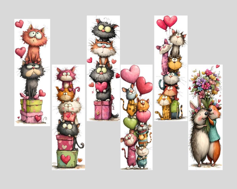 May include: Whimsical illustrations of stacked cats, each tower featuring a different arrangement of colorful felines. Some cats hold heart-shaped balloons or gifts, while others are adorned with flowers. The artwork has a cartoonish style with a focus on Valentine's Day.