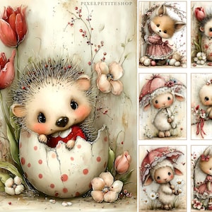 May include: Watercolor illustration featuring a cute hedgehog emerging from a cracked egg with red polka dots. The image includes red tulips, delicate flowers, and the text "PIXELPETITESHOP". The overall theme is spring and Easter.