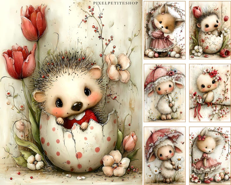 May include: Watercolor illustration featuring a cute hedgehog emerging from a cracked egg with red polka dots. The image includes red tulips, delicate flowers, and the text "PIXELPETITESHOP". The overall theme is spring and Easter.