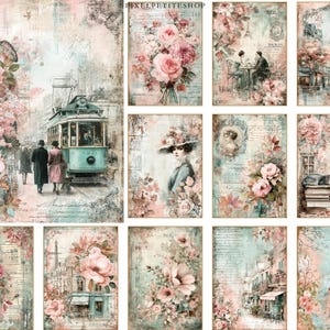 Puede incluir: Una colecci&oacute;n de grabados art&iacute;sticos de estilo vintage con escenas rom&aacute;nticas y arreglos florales. Los grabados muestran colores pastel suaves, incluyendo rosa, azul y crema, con im&aacute;genes de rosas, paisajes urbanos y figuras. El texto "PIXELPETITESHOP" es visible.