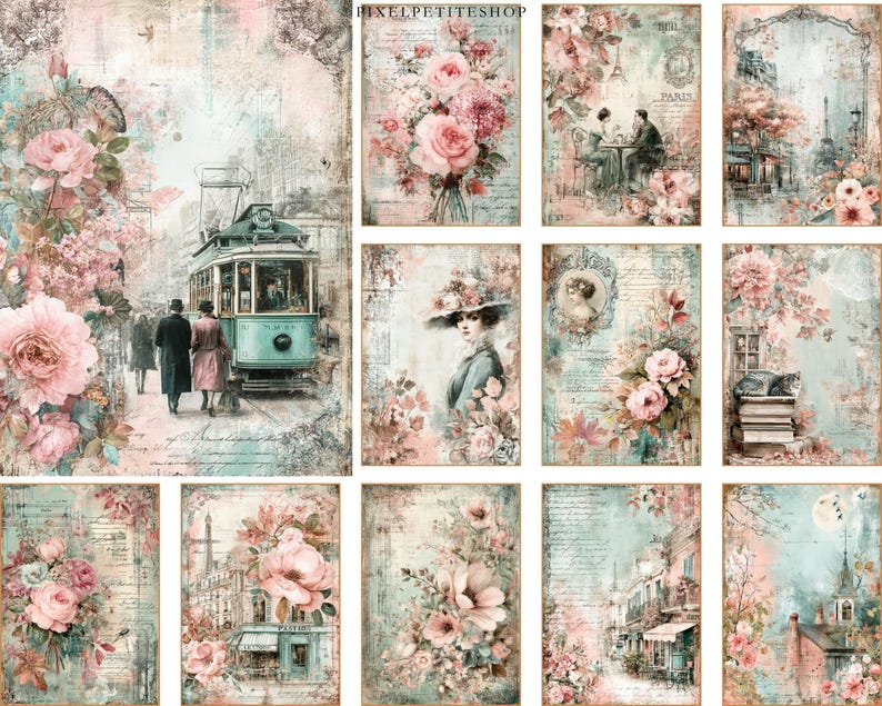 Puede incluir: Una colecci&oacute;n de grabados art&iacute;sticos de estilo vintage con escenas rom&aacute;nticas y arreglos florales. Los grabados muestran colores pastel suaves, incluyendo rosa, azul y crema, con im&aacute;genes de rosas, paisajes urbanos y figuras. El texto "PIXELPETITESHOP" es visible.