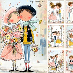 May include: Watercolor illustration of a couple embracing, the woman holding a large bouquet of flowers. The man wears a beret and carries a basket of flowers. The image has a soft, romantic feel with pastel colors and hearts.